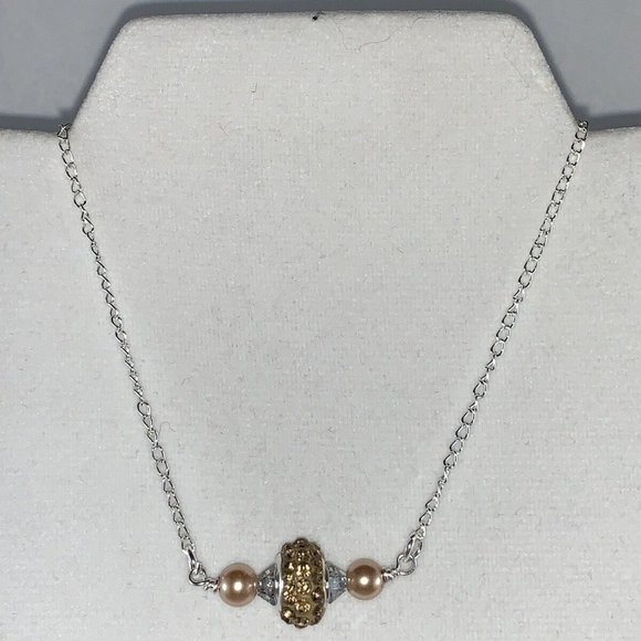 Handmade Jewelry - Child Size Silver Tone Trace Style Necklace With Yellow Crystal & Faux Pearls